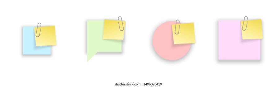 Stack of Yellow stickers attached metal paper clip with corner, ready for your message. Set of Yellow color stickers isolated on white wall background. illustration set paper Front white wall view