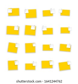 Stack of Yellow stickers attached metal paper clip with corner, ready for your message. Set of Yellow color stickers isolated on white wall background. illustration set paper Front white wall view