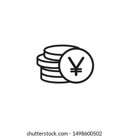 Stack of yen coins with coin in front of it. Flat black icon. Isolated on white. Economy, finance, money pictogram. Wealth symbol.  Vector illustration.