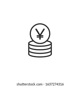 Stack of yen coins with coin in front of it. Flat black icon. Isolated on white. Economy, finance, money pictogram. Wealth symbol.  Vector illustration.