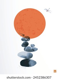 Stack of zen balanced stones, dragonflies and big red sun. Traditional oriental ink painting sumi-e, u-sin, go-hua. Hieroglyph - zen.