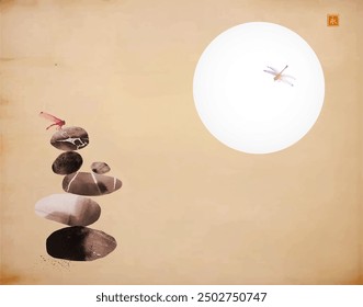 Stack of zen balanced stones, dragonflies and big sun. Traditional oriental ink painting sumi-e, u-sin, go-hua in vintage style. Hieroglyph - eternity.