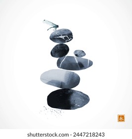 Stack of zen balanced stones with a dragonfly on top. Traditional oriental ink painting sumi-e, u-sin, go-hua. Translation of hieroglyph - eternity.