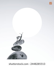 Stack of zen balanced stones with a snail on top and the moon. Traditional oriental ink painting sumi-e, u-sin, go-hua. Hieroglyph - zen.