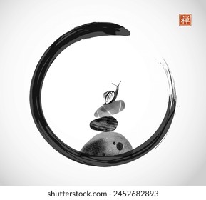 Pila de piedras equilibradas zen con un caracol en la parte superior en el círculo zen enso negro. Tinta oriental tradicional pintura sumi-e, u-sin, go-hua. Jeroglífico - zen