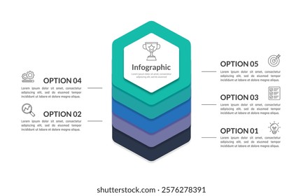 Stackable Hexagon Infographic 5 Options. Poster, Banner, Plan, Report and Presentation. Vector illustration.