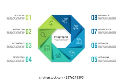 Stackable Hexagon Infographic 8 Options for Success. Banner, Poster, Business Presentation, Report and Plan. Vector illustration.