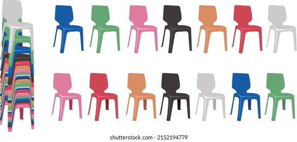 Stackable plastic chairs for outside events\conferences. Bright chairs could be in rows or piles in any order.