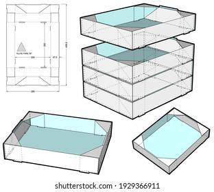 Stackable Tray and Die-cut Pattern. Ease of assembly, no need for glue (Internal measurement 25x20x4.5cm). The .eps file is full scale and fully functional. Prepared for real cardboard production.