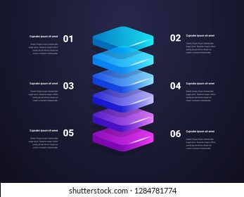 Stacked 3D layers infographic in dark background, for presentation and business use, included six layer infographic