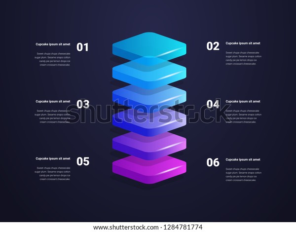 Stacked 3D\
layers infographic in dark background, for presentation and\
business use, included six layer\
infographic
