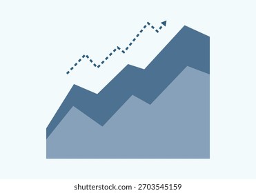 Gráfico de área empilhada com tendência de crescimento e seta para cima, conceito de progresso, dados e sucesso financeiro