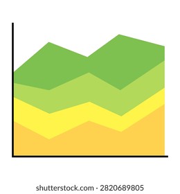 Stacked area graph with layered sections representing multiple categories and cumulative data trends. Perfect for business analytics, project reports, market research, dashboards, educational resources, and statistical presentations.