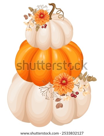 A stacked arrangement of three pumpkins in white and orange shades, decorated with autumn flowers, foliage, and berries. A perfect fall-themed illustration symbolizing the harvest season. Vector.