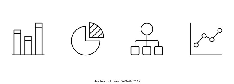 Stacked bar chart, sliced pie graph, level hierarchy flow, simple data line chart icon set, visualization vector illustration, minimal analytics art,