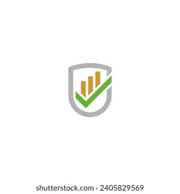 Stacked bar logo with check mark inside shield shape. Investments logo.