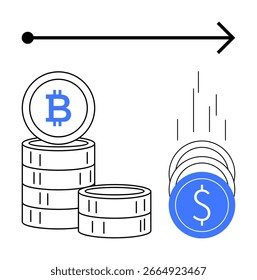 Monedas de Bitcoin apiladas y monedas de dólar que caen con una flecha que apunta a la derecha. Ideal para finanzas, criptomonedas, tipos de cambio, inversiones, moneda digital, plataformas comerciales, transiciones económicas