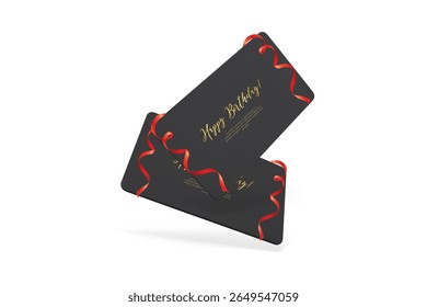 Stacked black birthday cards with red ribbon. Ideal for festive messages, luxury celebration visuals, and event branding.