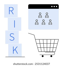 Blocos empilhados soletram RISCO, ícone de vários usuários e estrutura de tópicos do carrinho de compras. Ideal para comércio eletrônico, avaliação de riscos, comportamento do consumidor, segurança cibernética, marketing digital. Moderno, minimalista, limpo