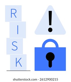 Stacked blocks spelling RISK, an exclamation mark inside a triangle, and a blue padlock. Ideal for security awareness, risk management, alertness, business, and technology. Simple vector style