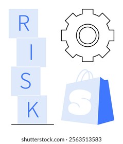 Stacked blocks spelling risk, a gear symbol and a shopping bag represent themes of caution in decision making, retail operations and business strategies. Ideal for business risk, retail management