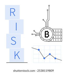 Bloques apilados ortografiando el RIESGO junto al símbolo de Bitcoin con circuitos digitales y un gráfico de mercado a la baja con puntos azules. Ideal para riesgo financiero, criptomonedas, inversiones, blockchain, digital