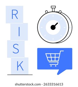 Stacked blocks spelling RISK, stopwatch, and shopping cart icon in a speech bubble illustrating e-commerce hazards, urgency, and strategy. Ideal for business analysis, ecommerce, time management