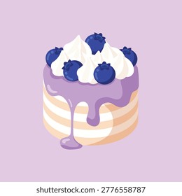 A stacked blueberry layer cake with whipped cream peaks and drips.