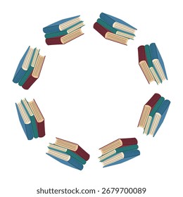 Livros empilhados dispostos em um quadro circular sobre fundo branco. Perfeito para projetos temáticos de educação, escola, leitura e biblioteca.