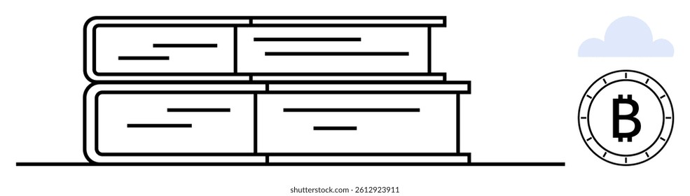 Stacked books, a Bitcoin symbol, and a cloud. Ideal for online learning, digital currency education, blockchain technology, financial literacy, cryptocurrency investment, fintech, and decentralized