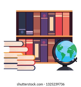 stacked books bookshelf and globe