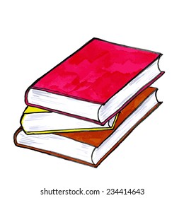 Stacked books in brown, yellow and red