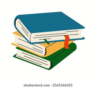 Stacked books in college library flat color vector objects. Scientific works folios researching for essay illustration on white background