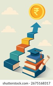 Stacked books and diploma form a staircase leading to a Rupee coin, symbolising education as a path to financial success