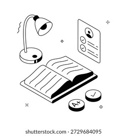 Libros apilados, lámpara y herramientas de estudio, ilustración isométrica del concepto