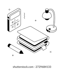 Libros apilados, lámpara y herramientas de estudio, ilustración isométrica del concepto