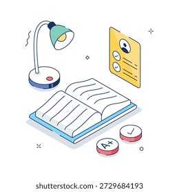 Libros apilados, lámpara y herramientas de estudio, ilustración isométrica del concepto