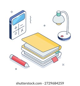Libros apilados, lámpara y herramientas de estudio, ilustración isométrica del concepto
