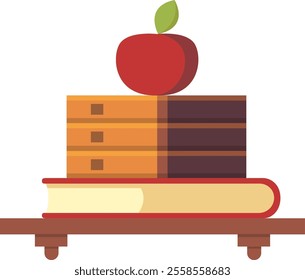 Stacked books and notebooks supporting a red apple, symbolizing knowledge, learning, and education, are placed on a wooden shelf, creating a back to school atmosphere