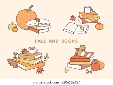 Stacked books and objects in the autumn mood. flat design style vector illustration.