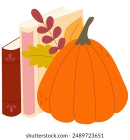 Stacked books, pumpkin  and autumn leaves.  Greeting card template. Set of reading elements for bookshop, library, bookstore or education