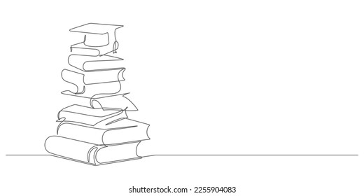 stacked of books school elements composition in continuous line drawing vector illustrative