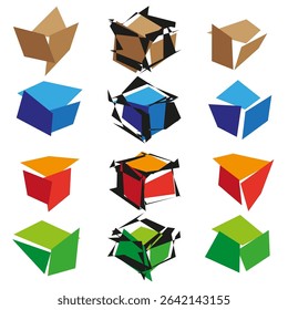 Stacked boxes illustration. Packaging container set. Varied carton elements. Isometric vector shapes.