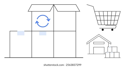 Stacked boxes with an open box, a warehouse, and a shopping cart with a circular arrow icon. Ideal for logistics, shipping, supply chain, online shopping, inventory management. Simple line art