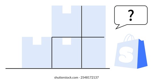 Cajas apiladas con una bolsa de compras y una burbuja de discurso con un signo de interrogación. Ideal para logística, comercio electrónico, inventario, compras en línea y servicios de entrega. Estilo limpio y minimalista