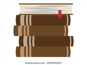 Stacked brown old books with bookmarks