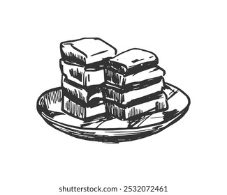 Stacked Brownies on Plate. Hand-Drawn Line Art. Detailed black and white line art of stacked brownies on a plate. Perfect for food-related projects, menus, recipe designs in  print and digital media.