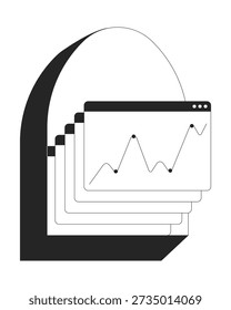 Ventanas de navegador apiladas con objeto de línea 2D de gráfico de línea. Gráfico analítico. Monitorización del rendimiento. Ventana de Web Y2K con puntos de datos aislados elemento de contorno de tinta de Vector de Clipart. Ilustración de punto monocromo