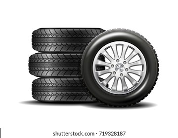 Stacked car wheels. Four black rubber tires on a white background. Vector illustration