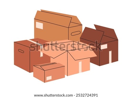Stacked cardboard boxes. Cargo carton boxes pile, warehouse box stack flat vector illustration. Cartoon delivery or moving containers on white